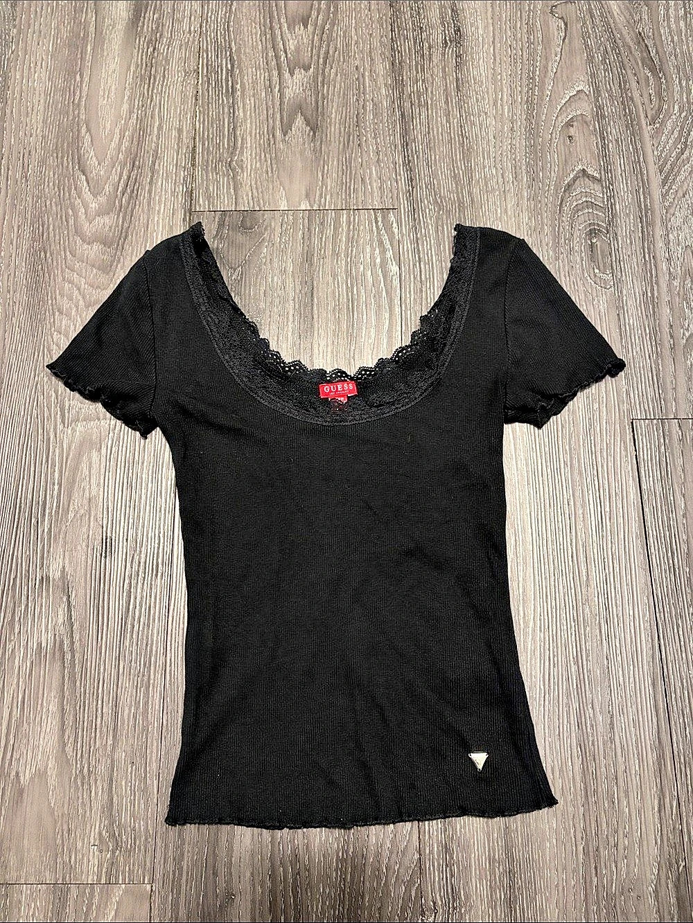 GUESS Square Neck Black Lace Trim Short Sleeve Top